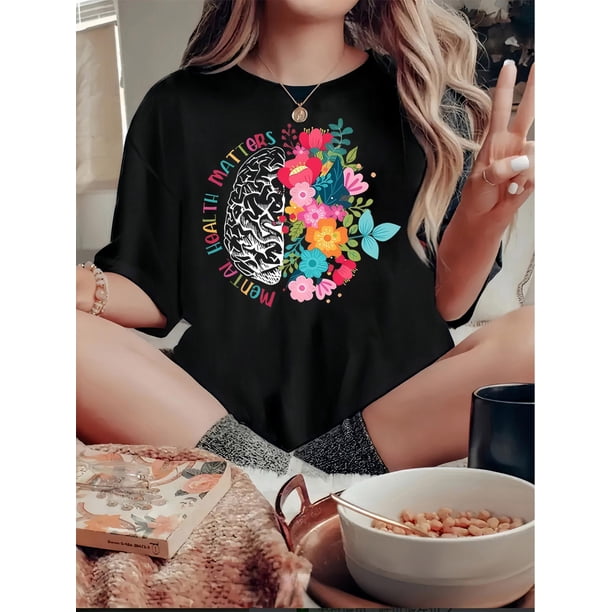 Camiseta Para Mujer De Verano Con Cuello Redondo Para Mochilero, Viajes, DesplazamientosWomen's Fun Floral & Letter Print T-Shirt - Casual Crew Neck, Short Sleeve, Stretchy Polyester Blend, Machine