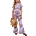 thumbnail image 2 of BXJX Girls Outfit Sets 2 Piece, Crew Neck Striped Short Sleeve Girls Summer Clothing Sets Purple Size 8 T, 2 of 8
