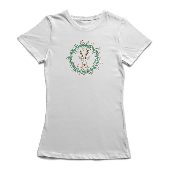 Christmas Wreath Reindeer Inside Graphic Women White T-Shirt, Female Large