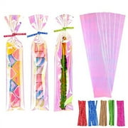 Cherodada Cellophane Treat Bags, 3x12 Inch Iridescent Holographic Pretzel Bags With Twist Ties, Chocolate, Cookies (Pack of 100)