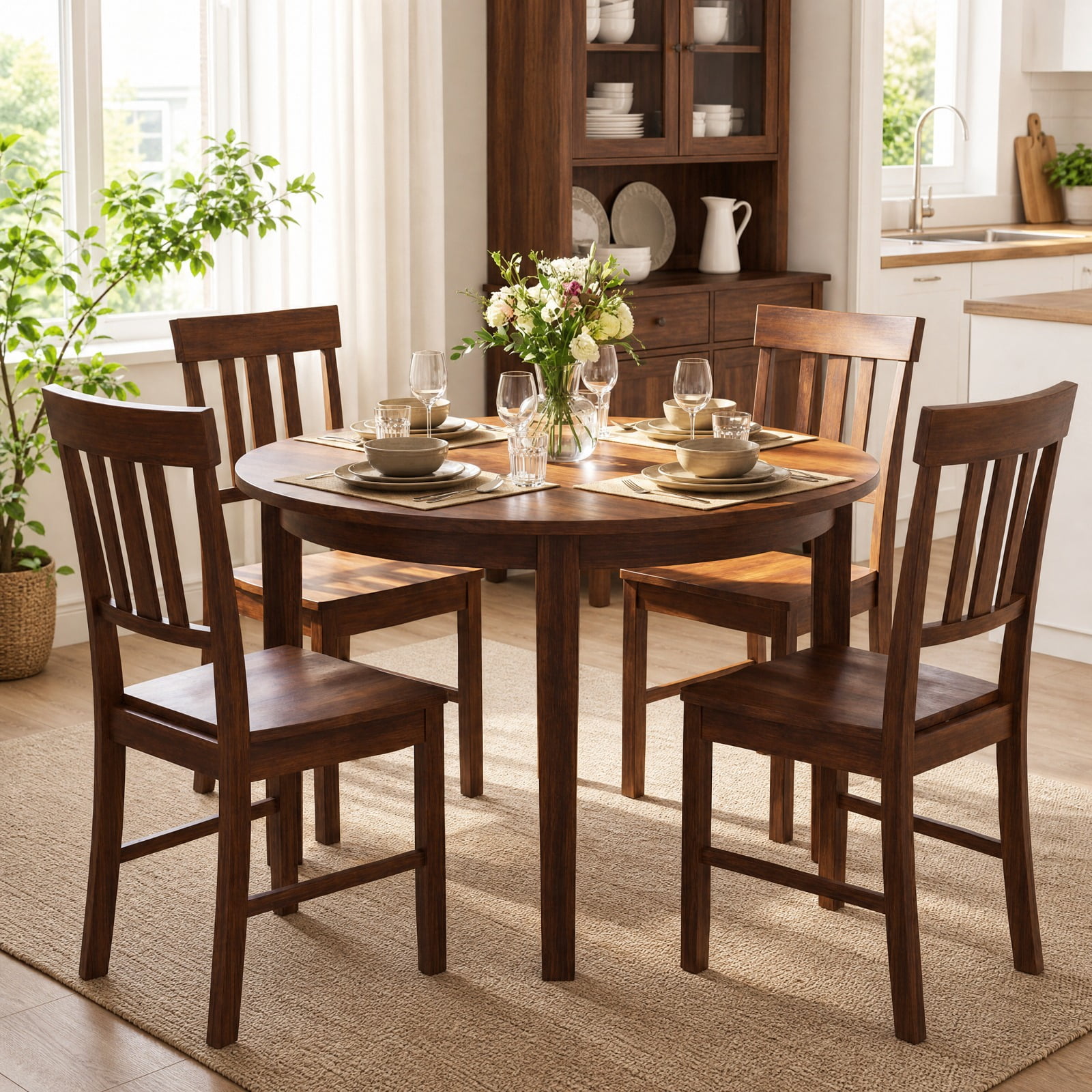 Furnibear Rubber Wood Dining Chairs Set of 2 with High Slat Backrests for the Dining Room Kitchen Study and Reception Room, Brown