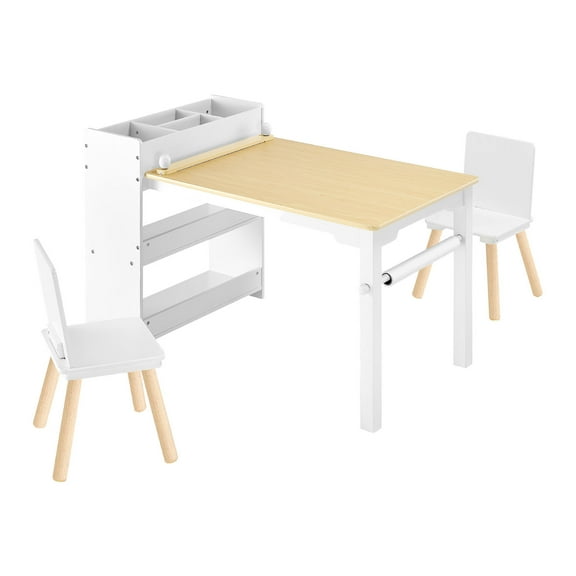 KFFKFF Kids Art Table and Chair Set, Toddler Craft Table with 3-Tier Storage Cabinet, Wooden Activity Desk with 2 Chairs, Perfect for Reading, Learning, Drawing, and Writing, White