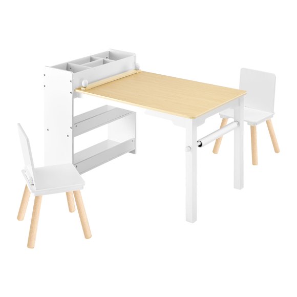 KFFKFF Kids Art Table and Chair Set, Toddler Craft Table with 3 Tiers Storage Cabinet, Wooden Kids Activity Play Desk with 2 Chairs, White