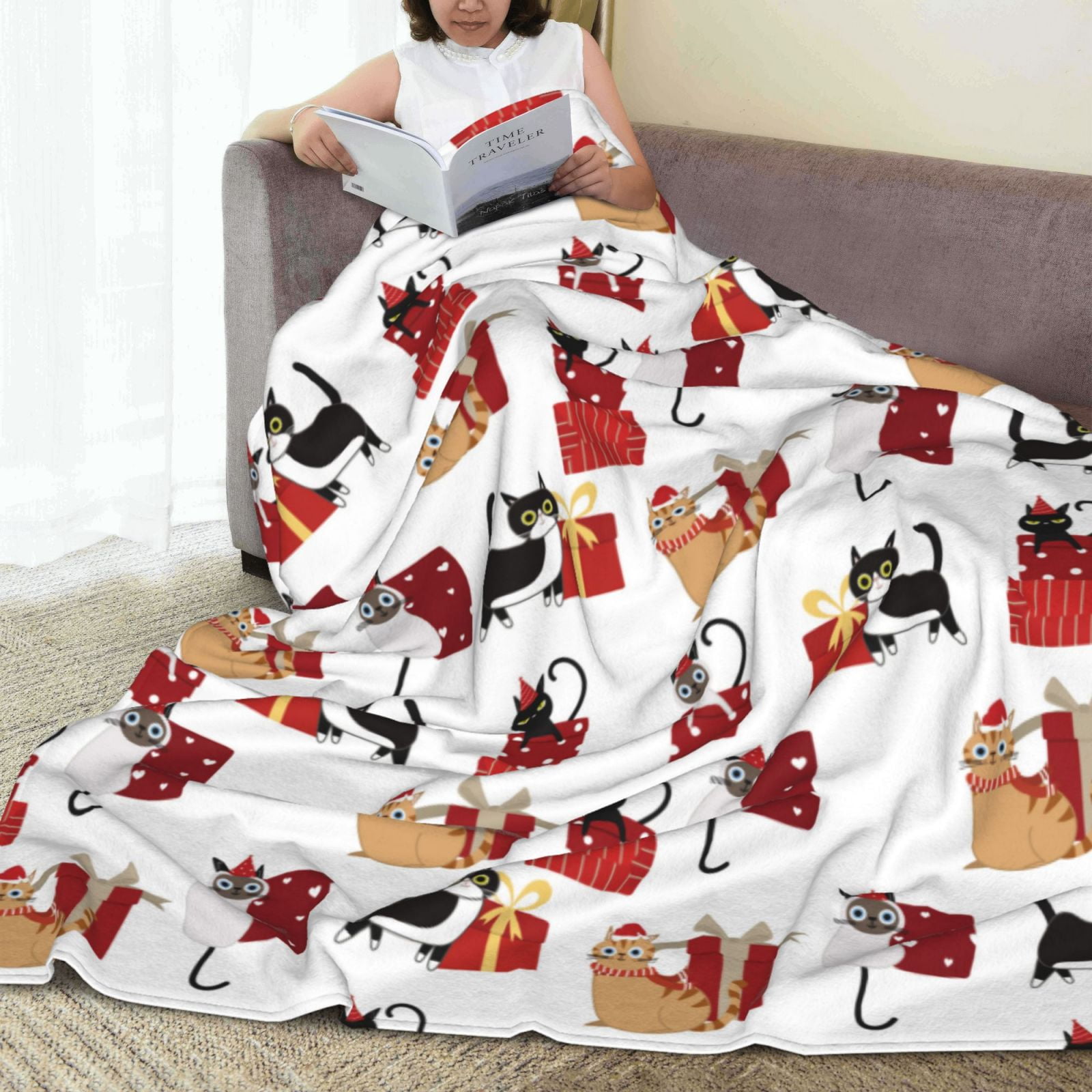 Rateoe Cute Cat And Christmas Gift Print Fuzzy Fleece Throw Blanket Extra Large,Super Soft,Fluffy and Warm Blankets for Couch,Bed,All Season Use (40"x30")