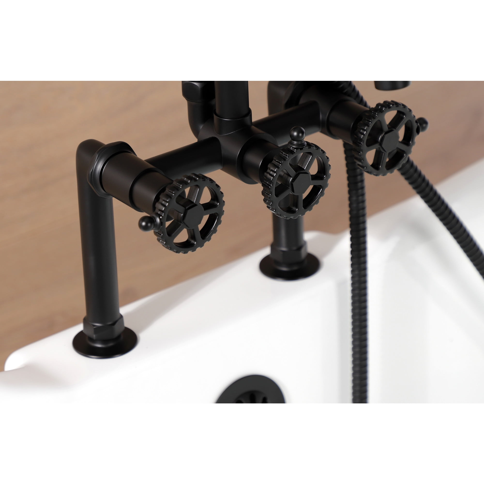 Kingston Brass AE8100CG Fuller Three-Handle 2-Hole Deck-Mount Clawfoot Tub Faucet with Hand Shower in Matte Black