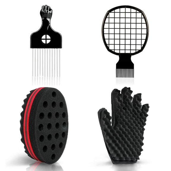 Hair Sponge Set with Curl Sponge Glove, Metal Hair Pick and Hair Twist Comb for Men Women Curls