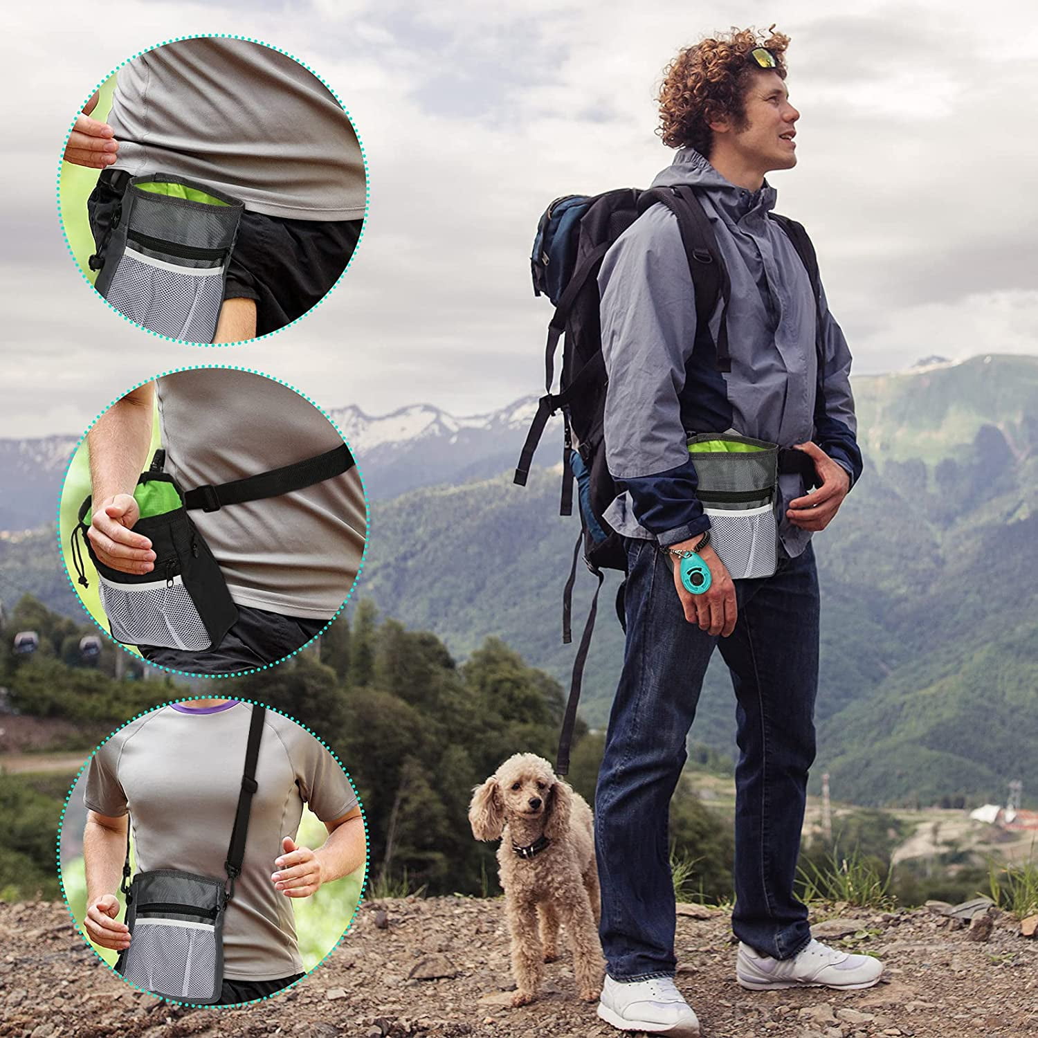 4 Pieces Dog Treat Pouch Dog Training Clickers Kit Includes 2 Pet Treat Pouch Dog Training Bag and 2 Pet Training Clicker with Wrist Strap Easily Carries Pet Toys Kibble Treats for