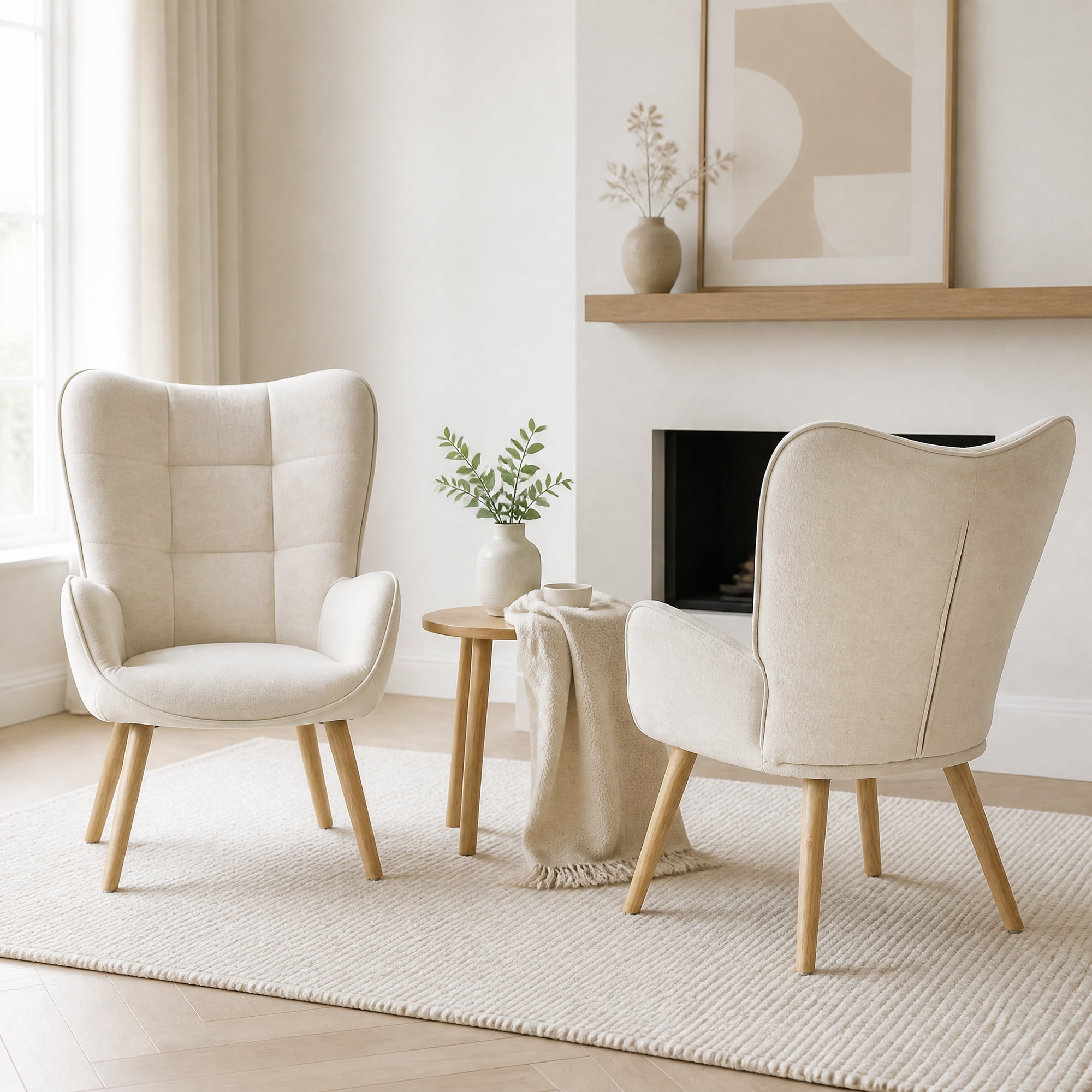 Homy Casa Beige Accent Chair, Upholstered Wingback Armchair with Wood Legs for Living Room