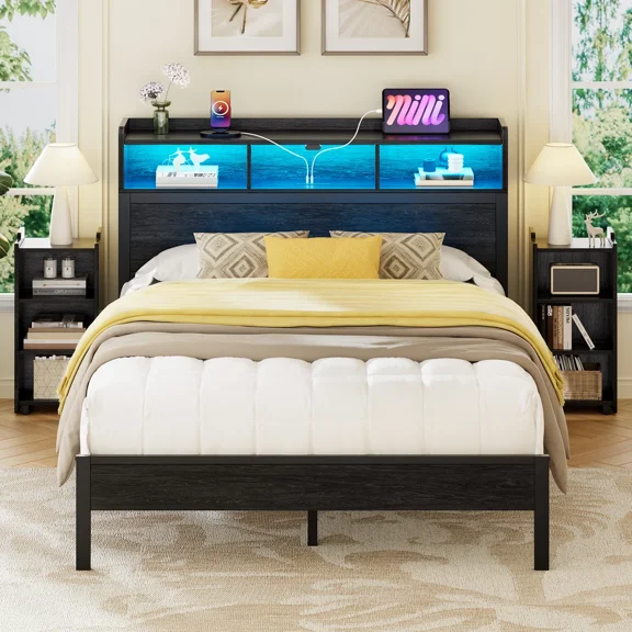 Greenstell Queen Size Bed Frame with Storage Cabinet and Headboard, Wood Bed with LED Light, Bedframe with Charging Station, Black