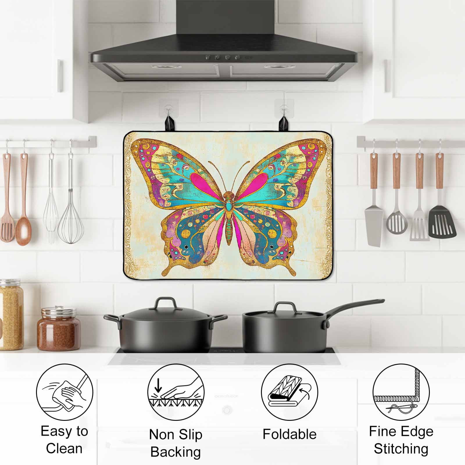 Vintage Butterfly Stove Top Cover for Electric Stove, Heat-proof & Non Slip Glass Top Stove Cover Protector, Retro Colorful Butterfly Kitchen Flat Cooktop Rubber Mat 24x21 Inches