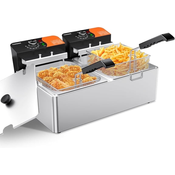 TANGME Commercial Deep Fryer, 3400W Electric Countertop Fryer 20.7QT with 6.35QTx2 Baskets Stainless Steel Oil Fryer with Temperature Limiter for Home Kitchen and Restaurant