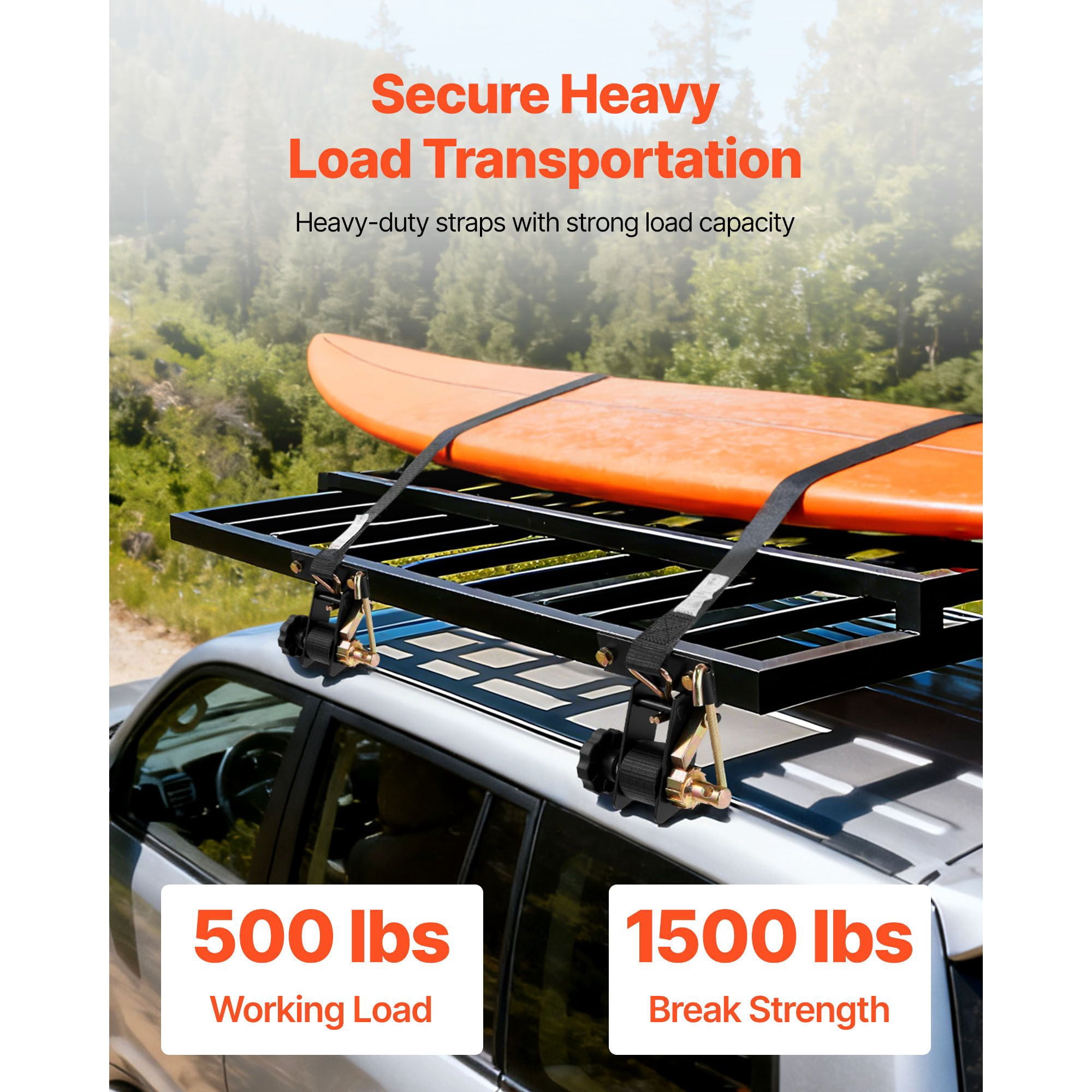 Ladder Rack Ratchet Straps 2-Pack, 500 lbs Working Load, 1500 lbs Break Strength, 7.4 ft Webbing, Zinc-Plated Hooks, for Roof Rack Cargo