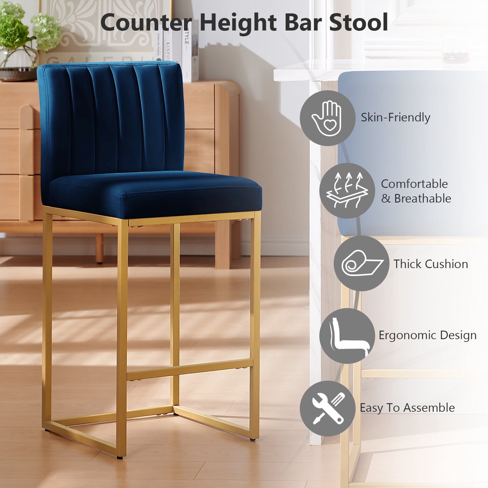 27 Inch Bar Stool, Velvet Counter Height Bar Stools, Set of 4 Bar Chairs with Back and Metal Legs, Kitchen Island Counter Stools for Pub, Dinning Room, Cafes