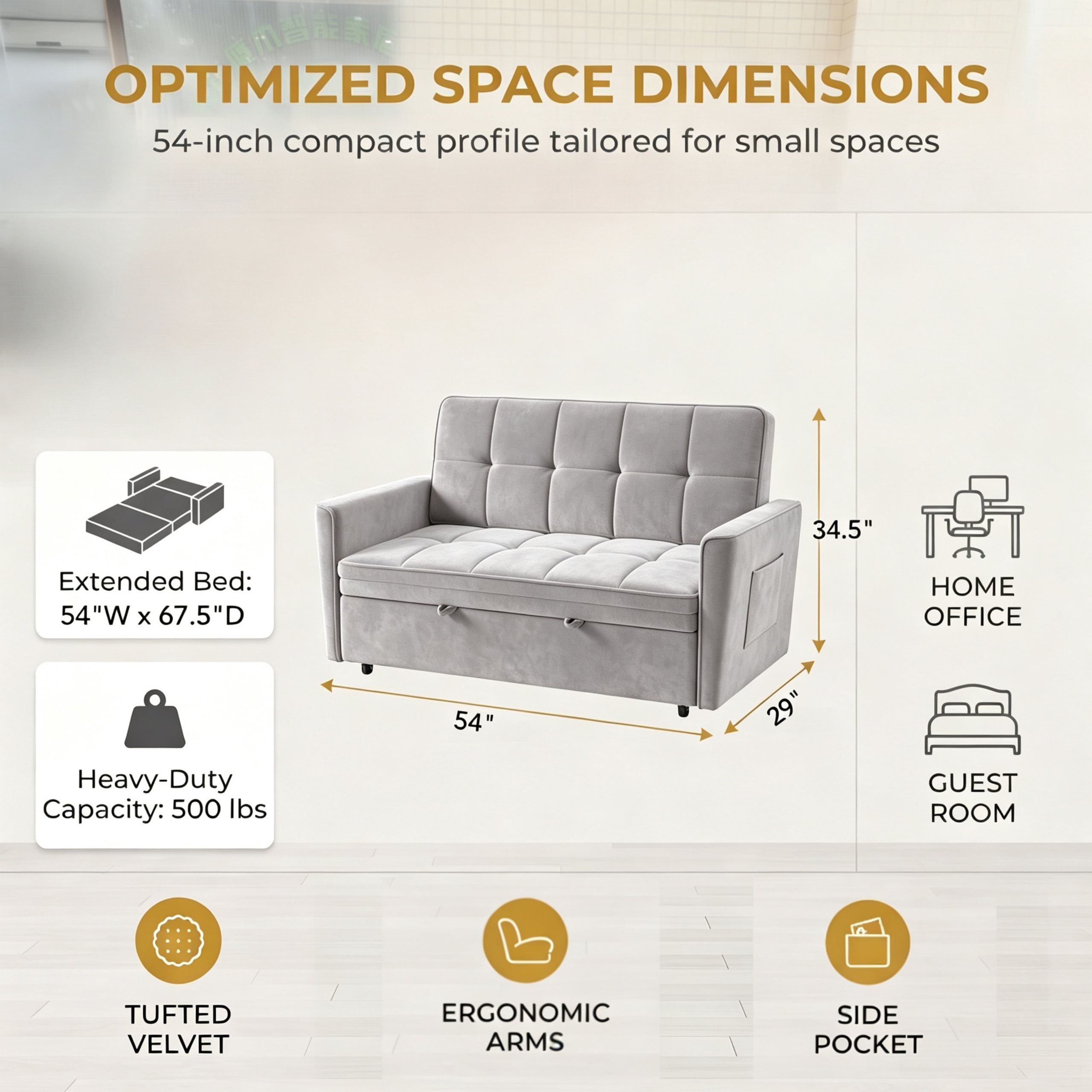 54" Convertible Sleeper Sofa Bed, Modern Velvet 3-in-1 Pull Out Loveseat Couch with 5-Position Backrest & Side Storage Pocket for Living Room, Light Gray