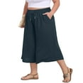 thumbnail image 6 of Bloomae Women's Plus Size Capri Culottes Pants Drawstring Elastic High Waisted Wide Leg Palazzo Trousers with Pockets for Summer Casual Wear Dark Blue XXXL, 6 of 7