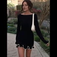 thumbnail image 4 of Vestido Minivestido Elegante de Punto con Volantes y Dobladillo para Mujer, Larga, con Parches de Colores Contrastantes, Ajustado, Estilo Suéter Corto, para Otoño. Negro L, 4 of 9