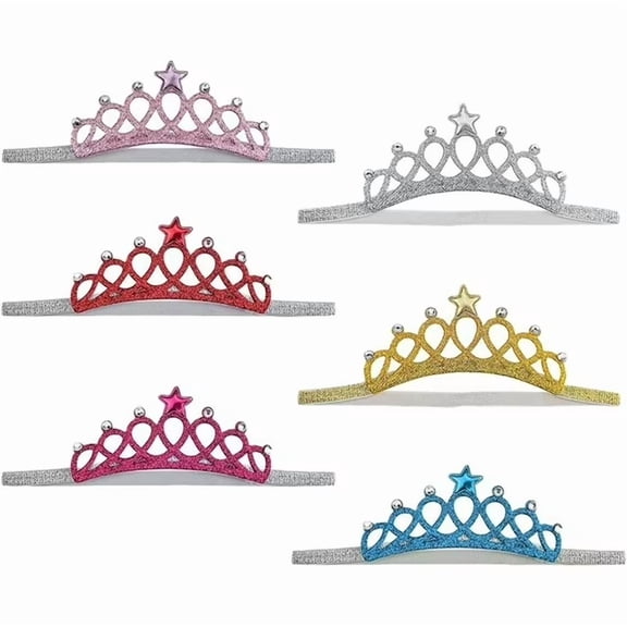 TUWAFE 6 Pcs Baby Girl Crown Elastic Headbands Toddler Princess Hair Bands Glitter Baby Head Bands Kids Tiara Hairbands Girls Soft Headwraps Children Hair Accessories