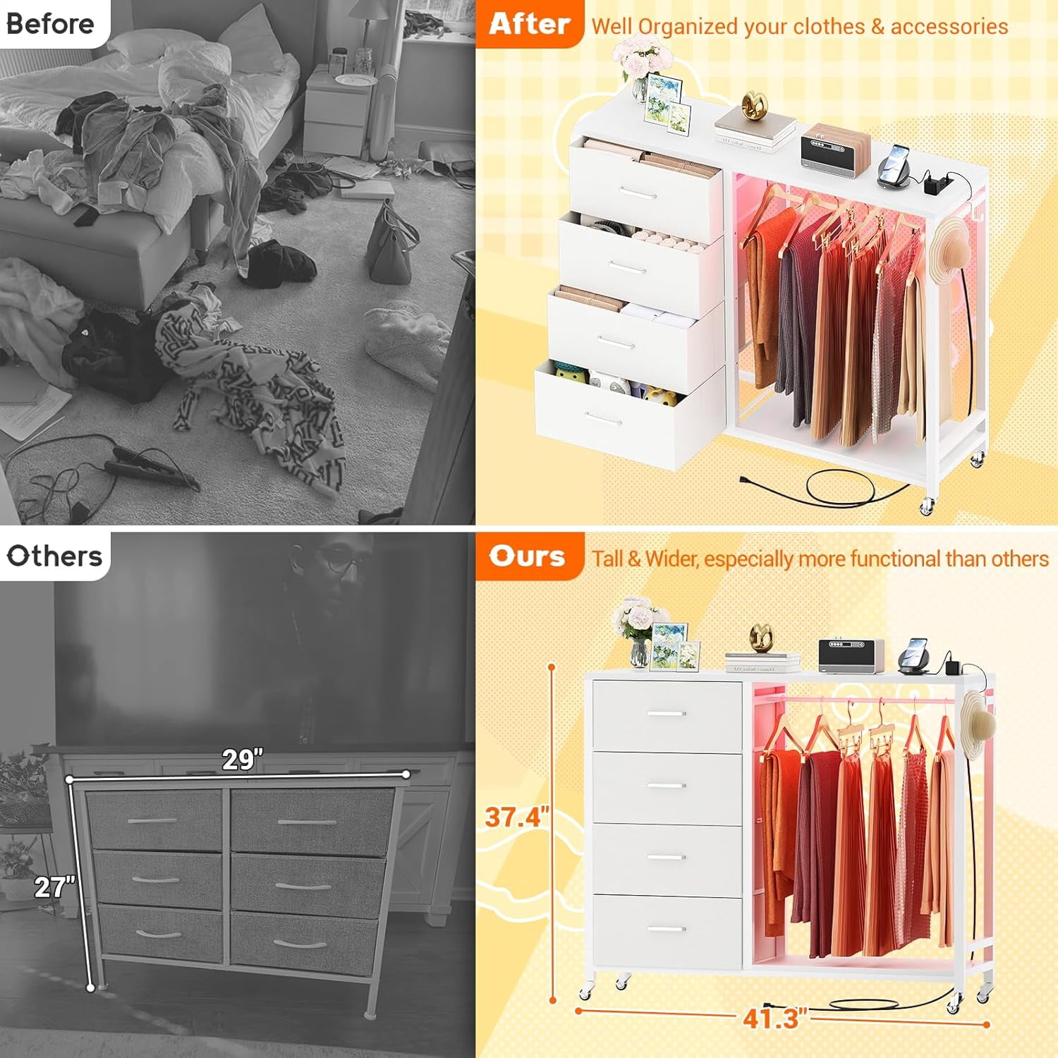 Homieasy Dresser with Hanging Rack & 4 Drawers, Dresser with Clothes Rack for Bedroom with LED Lights, Charging Staion, Storage Chest with Wheels, White