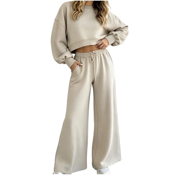 Iyufng 2 Piece Polka Dot Outfits for Women, Cropped Sweatshirt Drawstring Wide Leg Pants with Pockets Casual Loungewear Matching Set