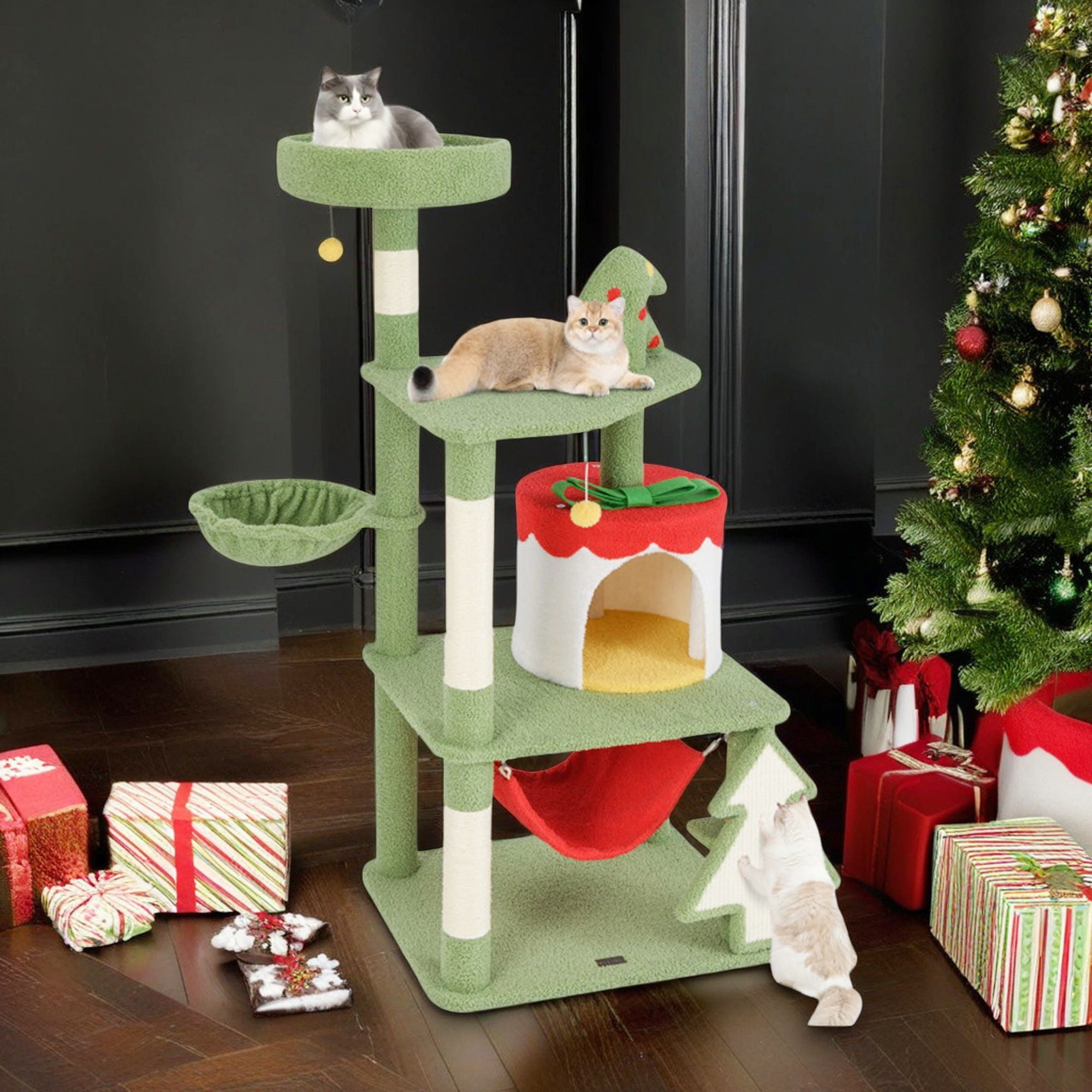 Kadyn 52" Christmas Decor Cat Tree Tower for Indoor Cats, Multi-Level Cat Climbing Tower with Cat Condos, Top Perches, Hammock, Green