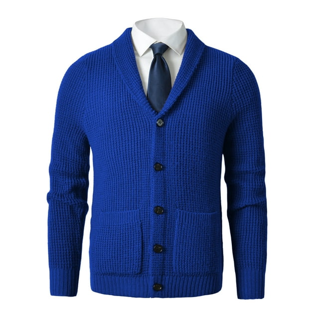 Men's Shawl Collar Cardigan Sweater Slim Fit Cable Knit Button up Merino wool Sweater_Blue_X-Small