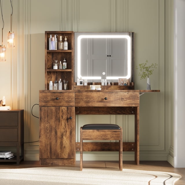 AKDSteel Vanity Desk With Mirror & Light, Makeup Vanity Table With Charging Station, Large Storage Cabinet, 2 Drawers, 3 Open Shelves, And Adjustable 3 Lighting Modes For Bedroom Dressing