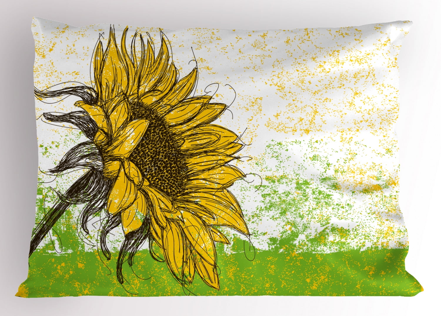 Nature Pillow Sham Floral Print with Sunflowers in a Field Summer Garden Sketchy Abstract Detail Image, Decorative Standard King Size Printed Pillowcase, 36 X 20 Inches, Multicolor, by Ambesonne