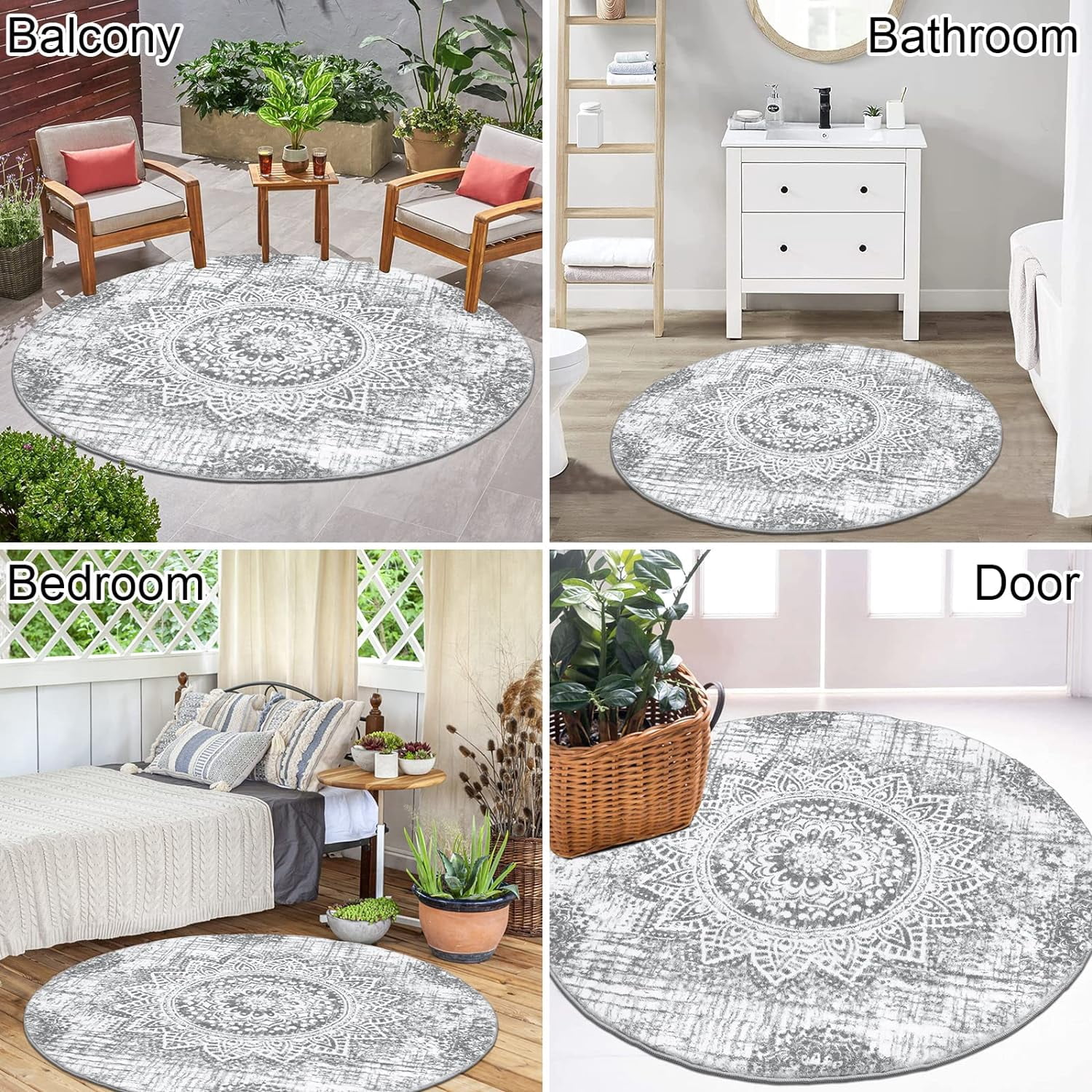 4 ft Round Area Rug, Yamaziot Boho Vintage Oriental Circle Carpet, Washable Non Slip Non Shedding Soft Faux Indoor Floor Mat Rug for Bedroom Living Room Sofa Office