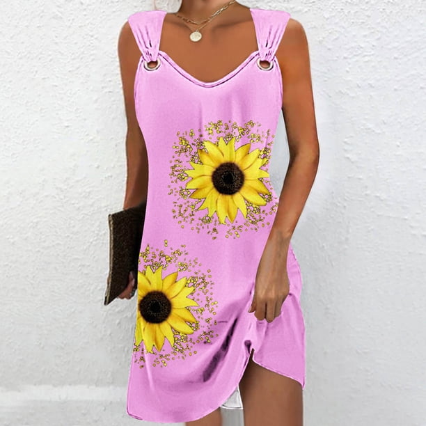 Puntoco Vestidos Mujer Verano Impreso Cuello Redondo Casual Sin Mangas Vestido De Tirantes