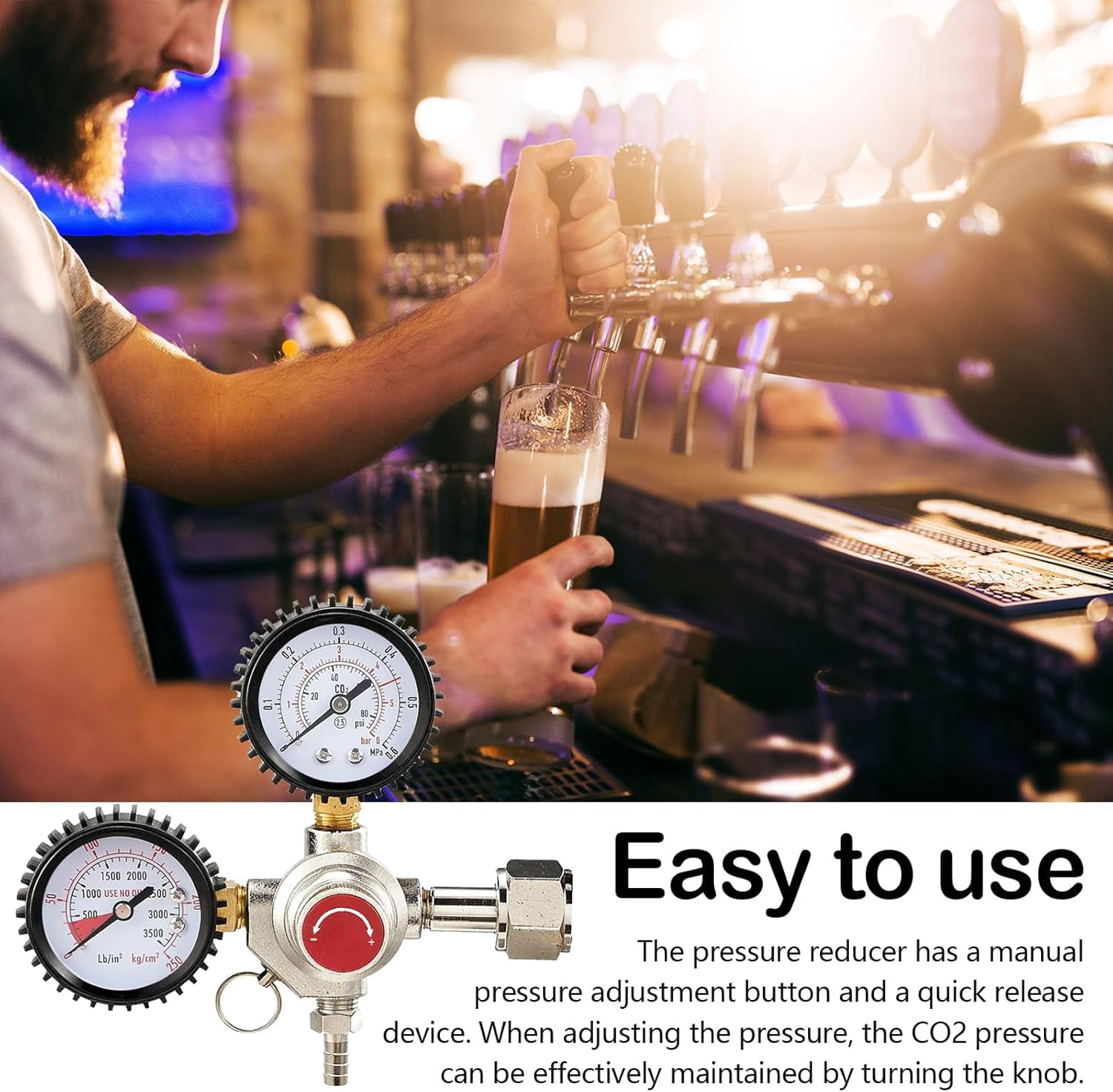 AWINQQY CO2 Regulator, Beer Tap System Regulator with 2 Gauges Adjustable CO2 Regulator W21.8 x 1/14 Inch Connection CO2 Regulator for Beer Brewing Beer Dispenser
