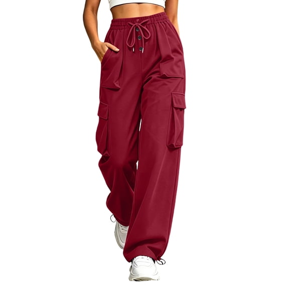BUIGTTKLOP Cargo Pants for Women Drawstring High Waisted Outdoor Hiking Pants Wide Leg Loose Fitted Trousers with Pockets