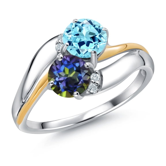 Gem Stone King 925 Sterling Silver and 10K Yellow Gold Blue Mystic Topaz Blue Apatite 5MM Round 2 Stone and White Lab Grown Diamond Accent Ring for Women (1.02 Cttw, Gemstone Birthstone, Size 8)