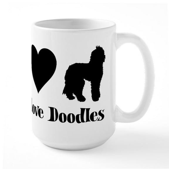 CafePress - Peace, Love, Doodles - 15 oz Ceramic Large White Novelty Mug