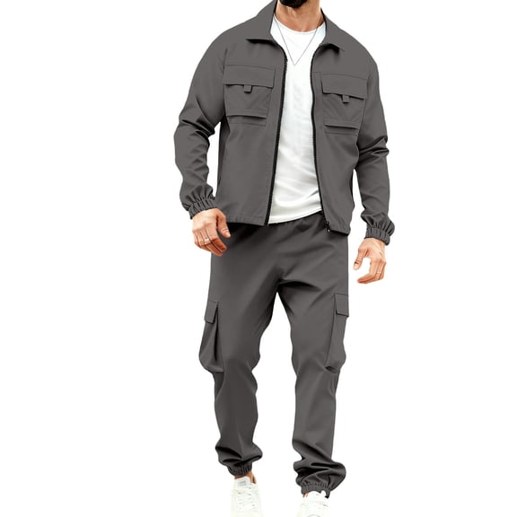 Timoontee Men's Cargo Tracksuit 2 Piece Long Sleeve Zip Up Jackets with Elastic Waist Jogger Pants Multi Pockets Outfits Outdoor Casual Adventure Sets Gray XXXL