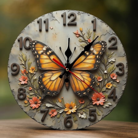 Wall Clock Decorative - Vintage Orange Butterfly Print 2D Vintage Wall Clocks Battery Operated Silent Non-Ticking for Bedroom, Living Room, Kitchen, Office, Classroom, 10 Inch