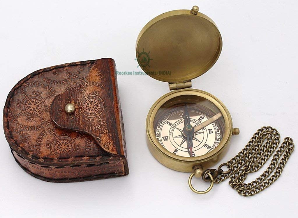 Roorkee Instruments (India)Brand Brass Golden Color Engraved Compass with Imprinted Leather Case