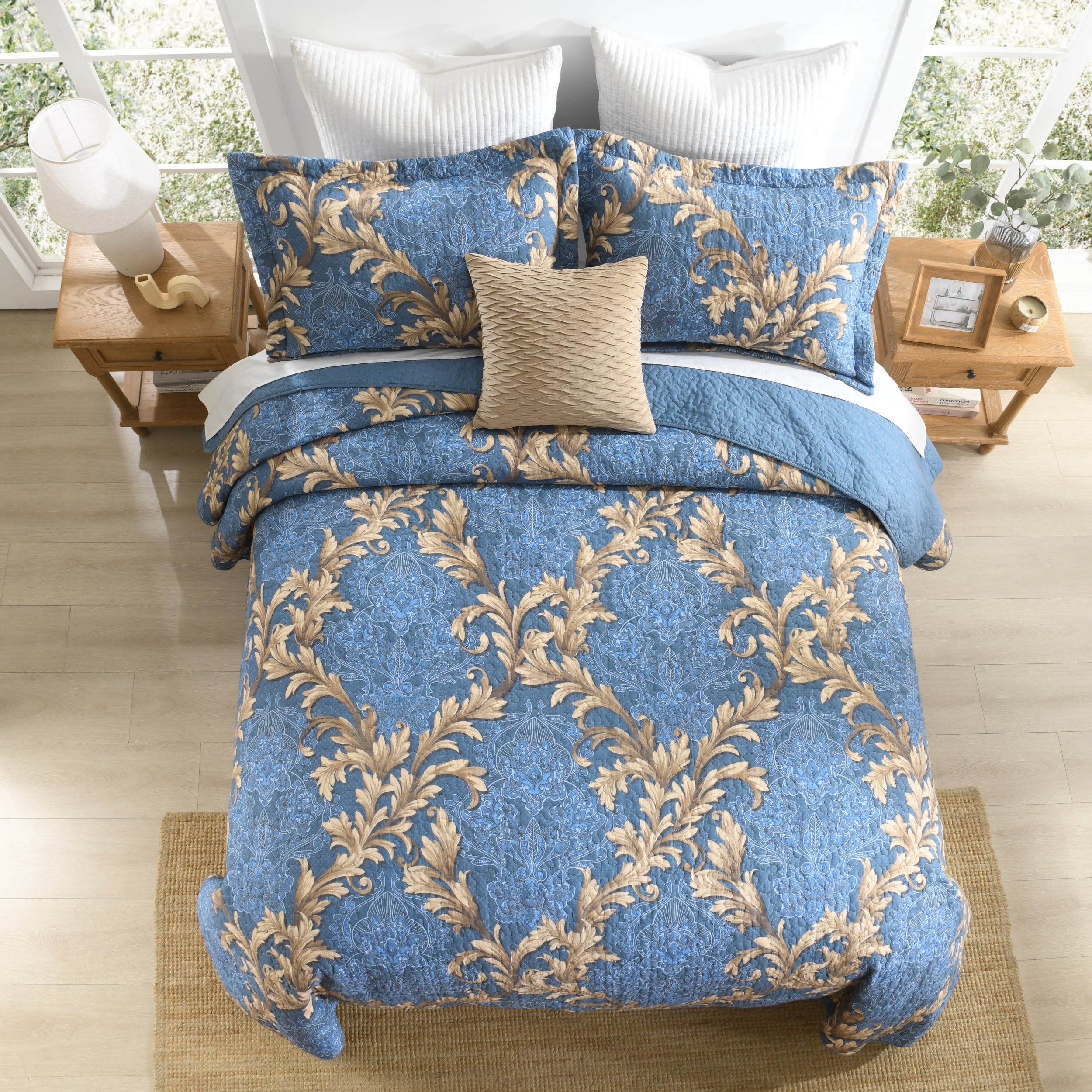 BCOTTOND Floral Quilt Set King Size - Reversible Dimensional Botanical Bedspread - 100% Cotton Pre-Washed Luxury Coverlet with 2 Pillow Shams(Bule/Brown)
