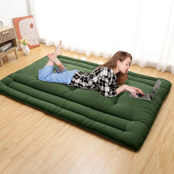 3-Layer collapsible Japanese Futon Mattress - Tatami Floor Sleeping Pad for Adults - Roll Up Bed for Guest Room, Dorm, Camping, RV - Quilted Cover - Army Green, FULL (137×203cm) USA