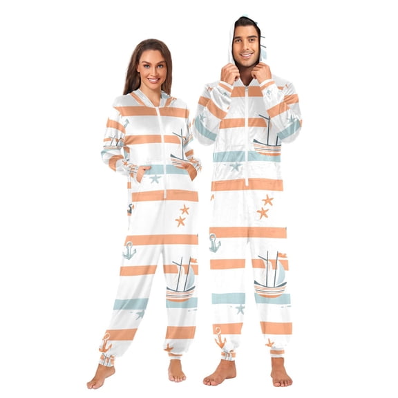 FORMRS Onesies Pajama for Adults Unisex Hoodie Winter Jumpsuit One Piece Sleepwear, Sizes S-2XL, Orange Nautical Pattern