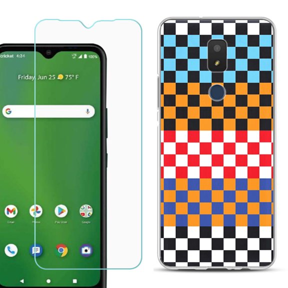 Slim-Fit TPU Fashion Phone Case for Cricket Icon 3, with Tempered Glass Screen Protector, by OneToughShield ® - Colorful Checker