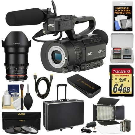 JVC GY-LS300CHU Ultra 4K HD 4KCAM Super 35 Pro Camcorder & Mic Top Handle Audio Unit with Rokinon 35mm T/1.5 DS CINE Lens + 64GB Card + Hard Case + Video Light + Filters + Kit