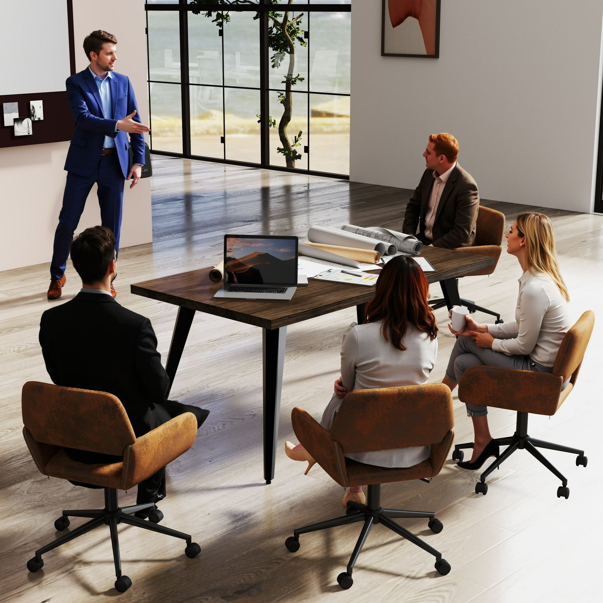 Homy Casa Swivel Office Chair, Adjustable Rolling Desk Chair for Meeting, Vanity or Meeting, Brown