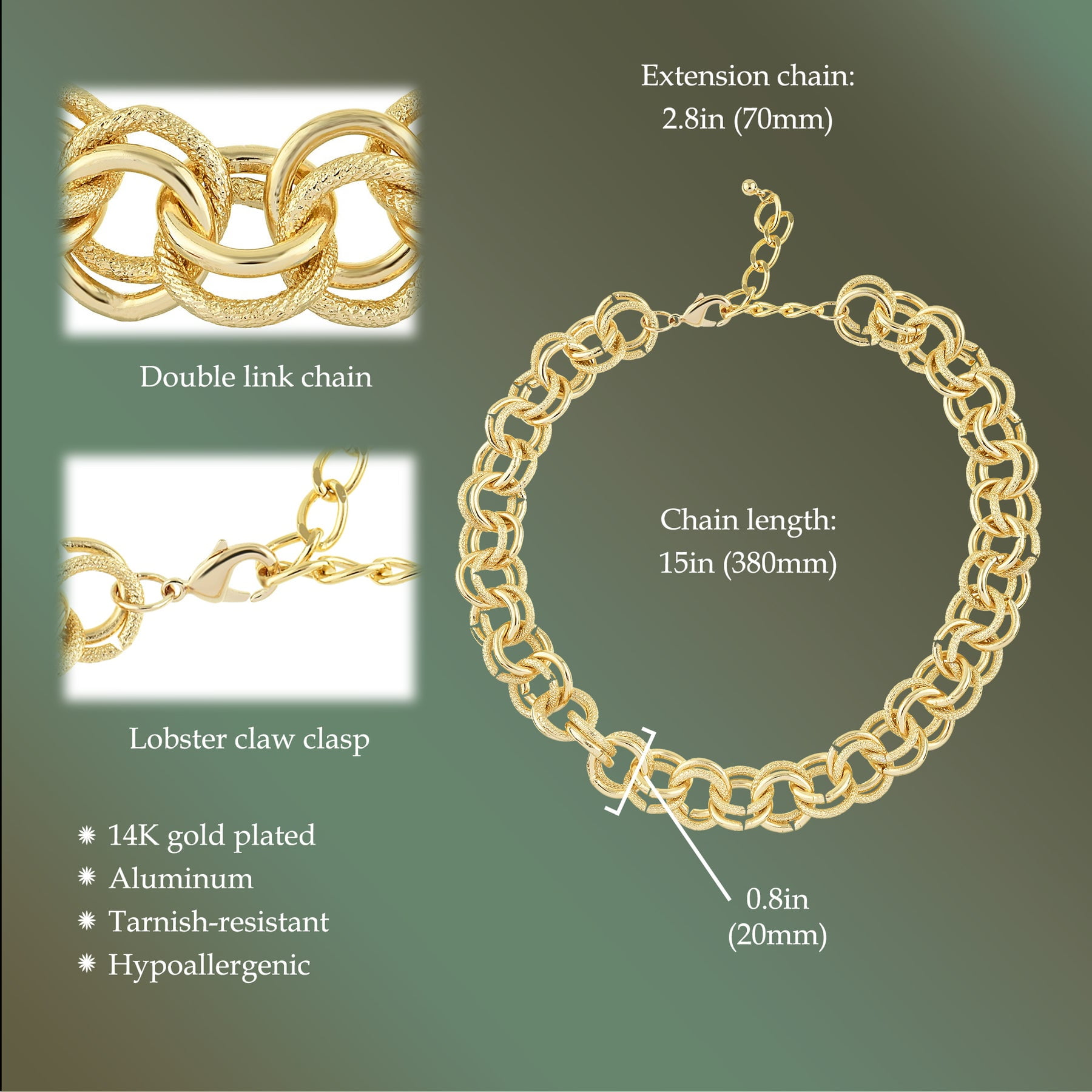 Cerem Duo Link Chain Choker Necklace - 14K Gold Plated Statement Necklace 15 in