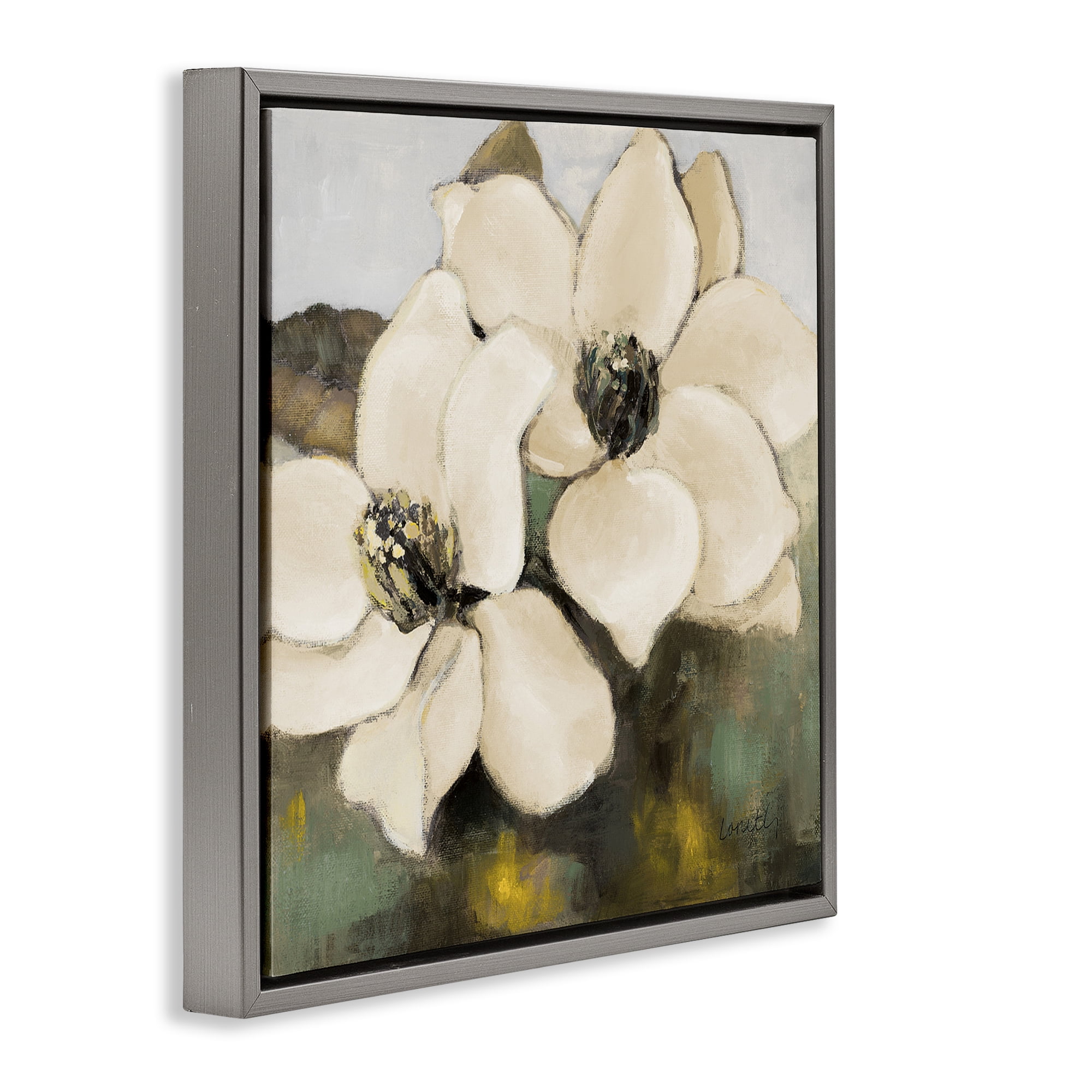 Stupell Industries Magnolia Blossom Duo Botanical & Floral Painting Gray Floater Framed Canvas Art Print Wall Art, 18 x 18