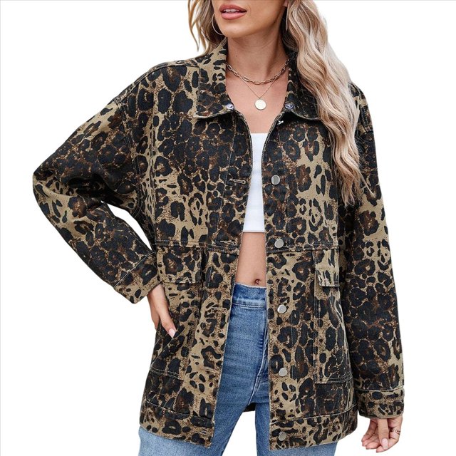 Chaqueta Vaquera de Mujer, Estilo Boyfriend, Extragrande, con Botones, Larga, Aberturas Laterales Estampado de Leopardo XL
