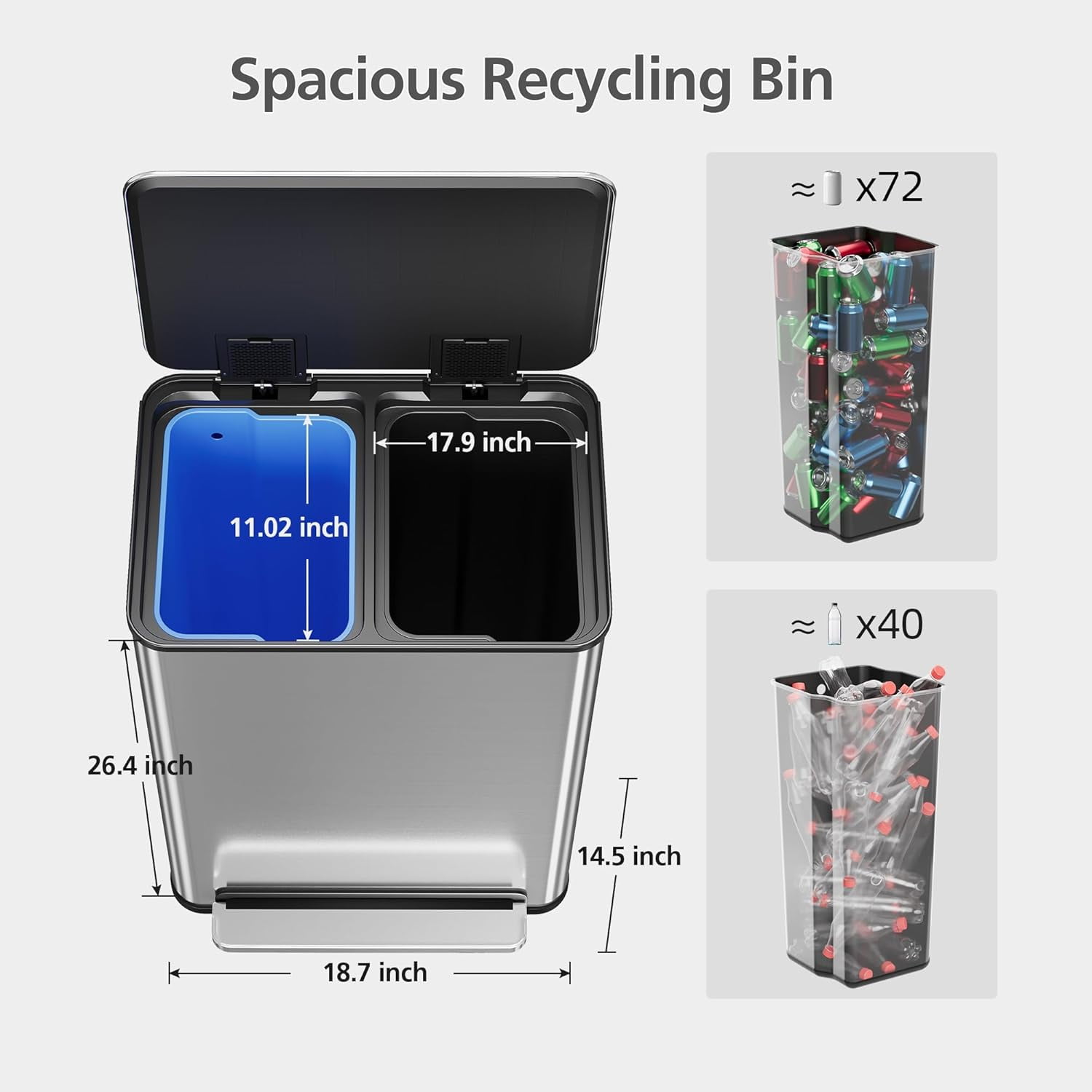 Garvee Stainless Steel 16 Gallon Trash Can, Pedal Dual Trash Bin, Silver