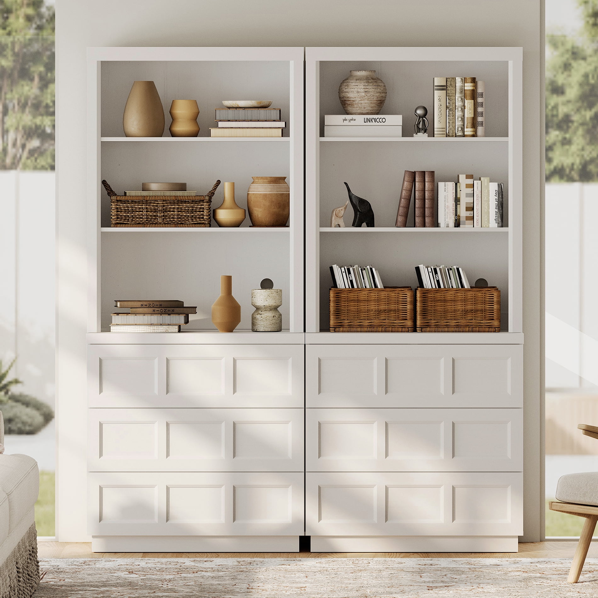 HOMOOI Wood Pantry Cabinet, Boho Freestanding Kitchen Storage Hutch with 2 Adjustable Open Shelves and 6-Large Drawers,Anti-Wobble Storage Organizer for Kitchen, Dining Room, Entryway,White