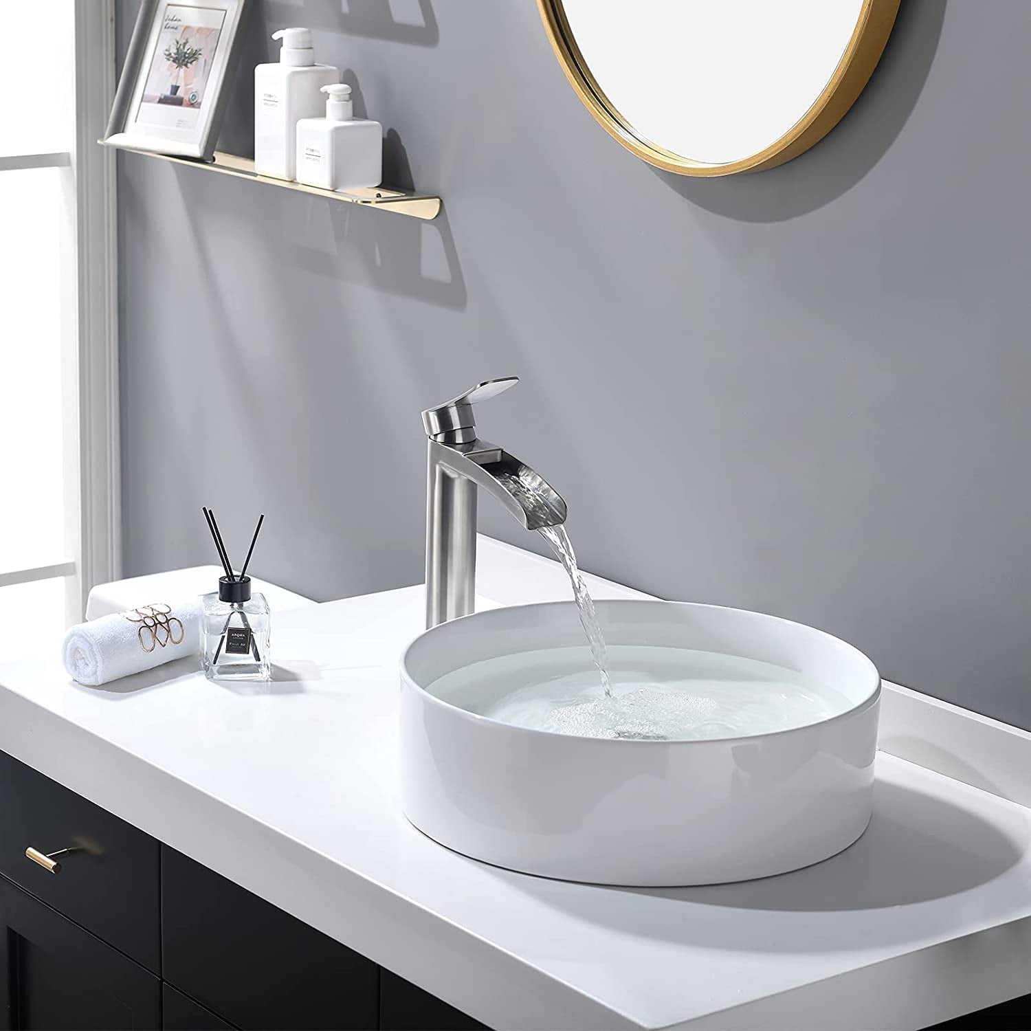 Brushed Nickel Tall Bathroom Vessel Sink Faucet, Single Hole Single Handle Waterfall Modern Bathroom Faucet, with Pop Up Drain and Water Supply Line, NS-SF01-BN-V
