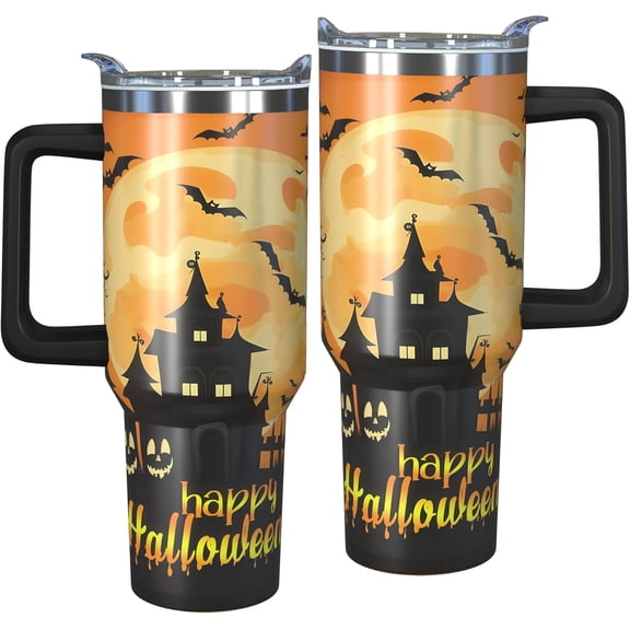 Halloween Haunted House Mug – 40oz Stainless Steel Travel Coffee Tumbler with Handle and Straw, Spooky Pumpkin Bat Insulated Cup Gift for Women Men