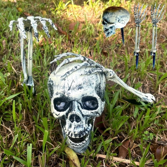 Olurrisa 3 PCS Halloween Skull & Arm Stakes Decor Set - Resin Skeleton Props for Lawn, Garden Haunt, Perfect Outdoor Ornament for Halloween Party Decor